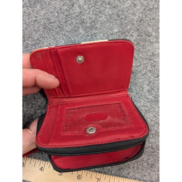 Small Cloth ID Wallet With Lanyard Red Interior Black Cream Heart Print - Picture 2 of 4